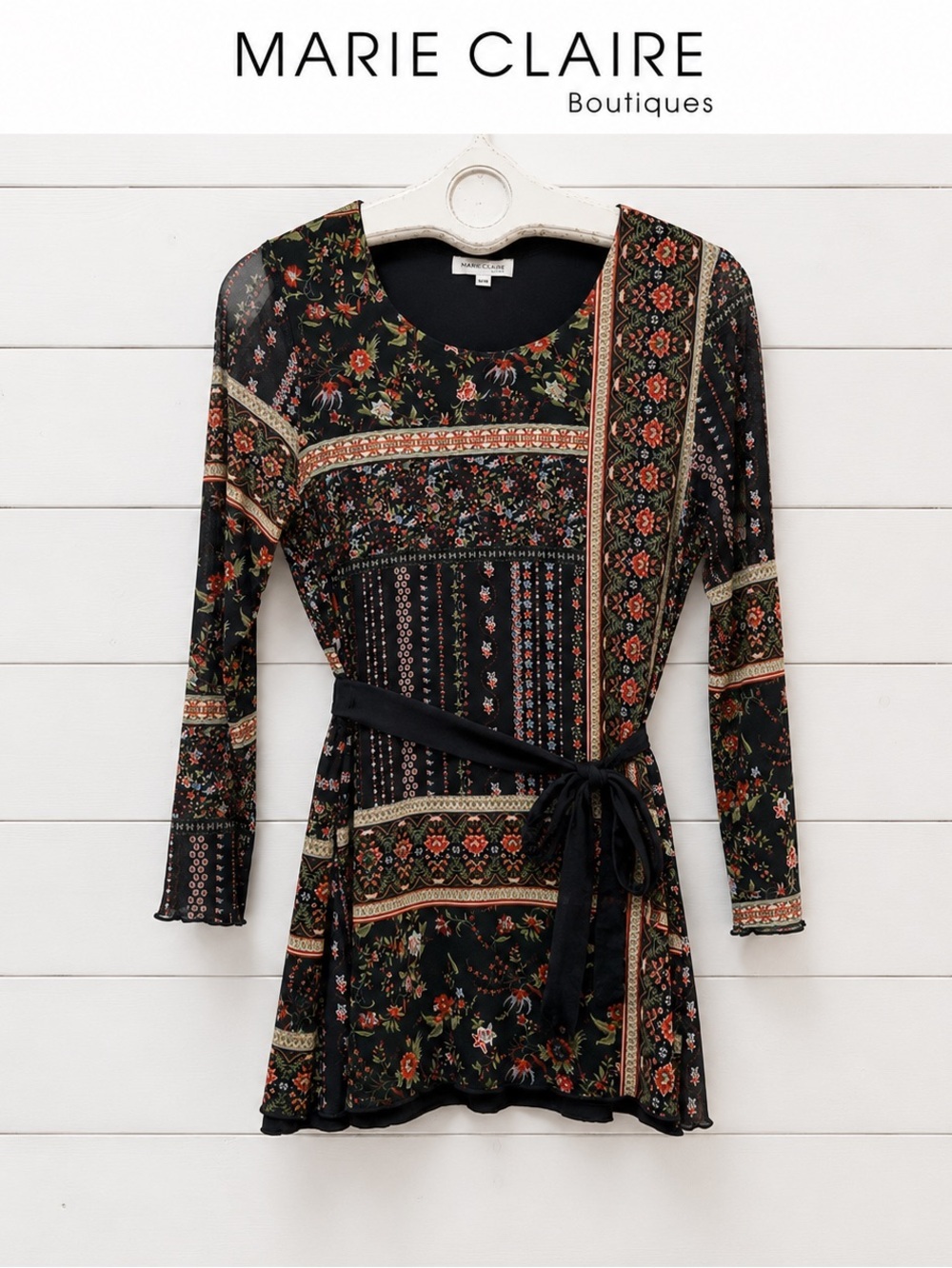MARIE CLAIRE Black Floral Print Sheer Tunic Top Size M/M